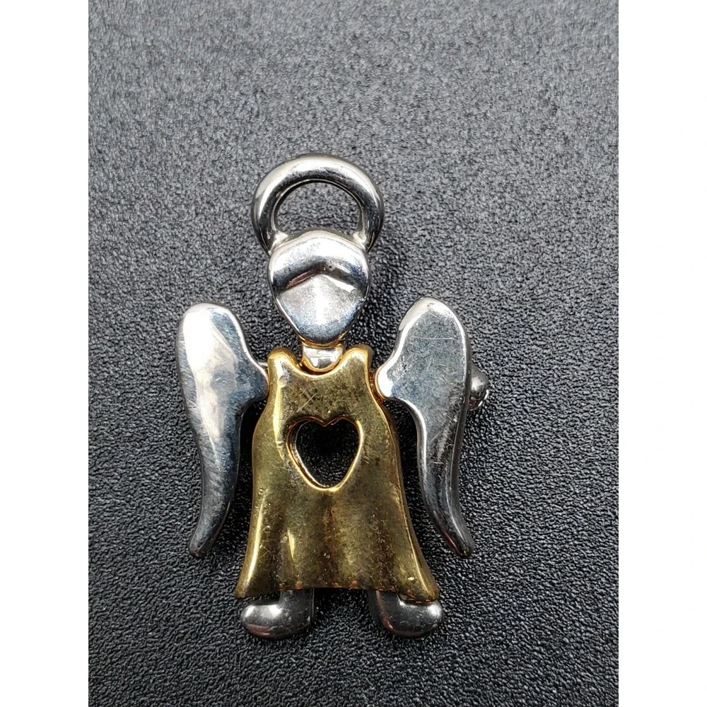Brooch Angel with heart and Halo two tone Vintage Religious Choir Pin Gold Tone